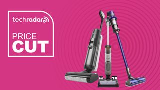 Shark, Tineco and Dyson vacuums on a pink background.