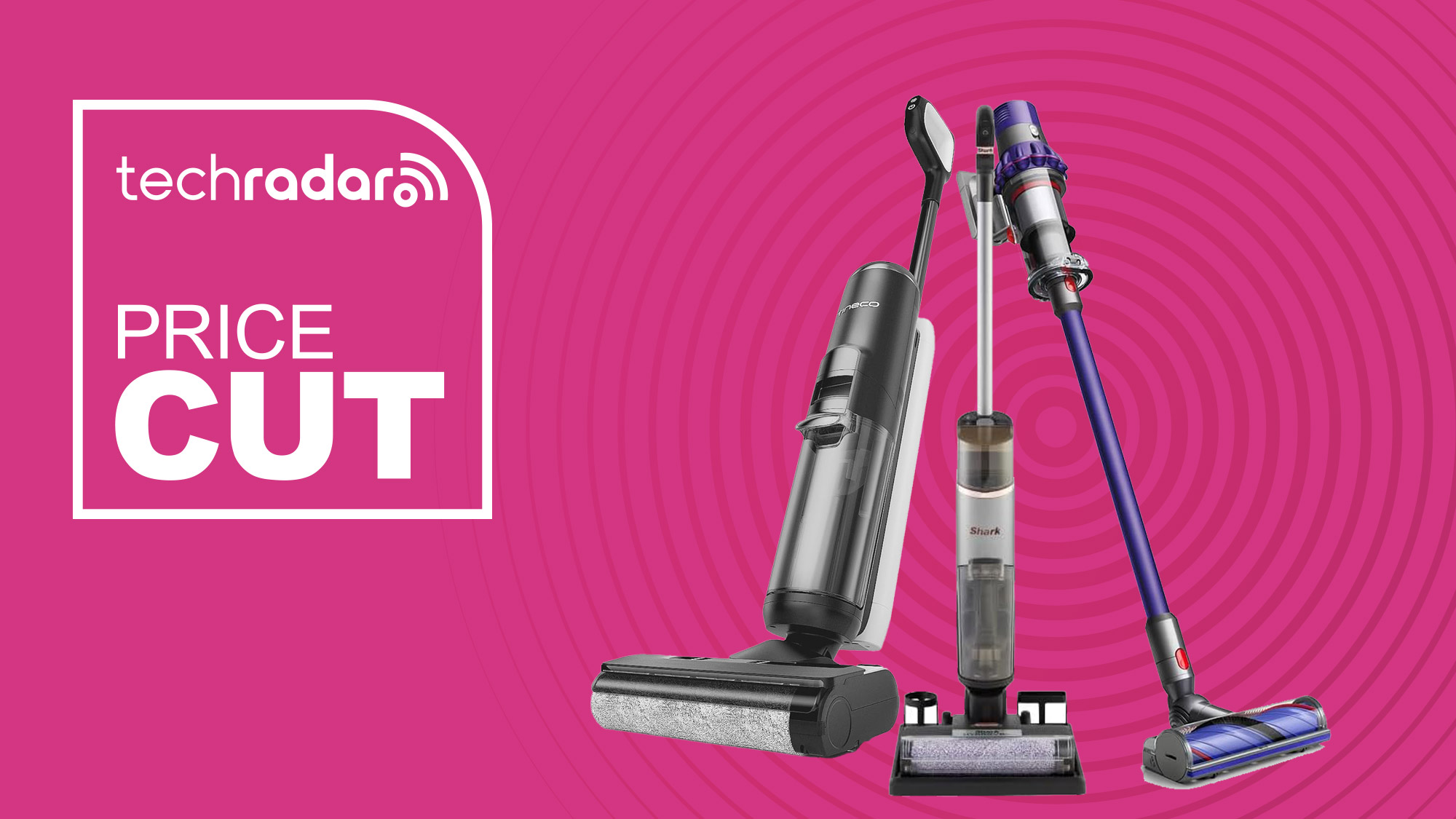 Shark, Tineco and Dyson vacuums on a pink background.
