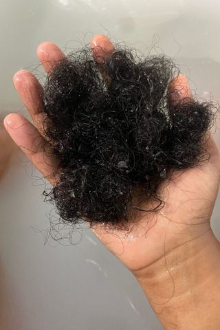 postpartum hair loss - clumps of hair in Jeanette's hand post brushing