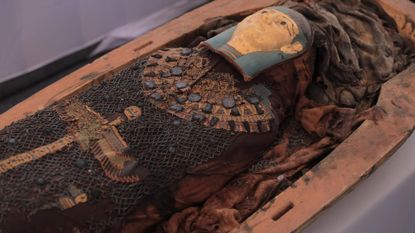 The remains of the mummy within the coffin are seen here.