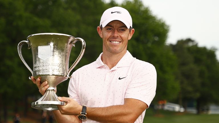 Rory McIlroy poses with the trophy following victory at the 2021 Wells Fargo Championship