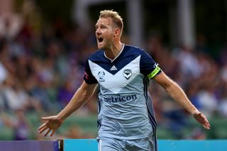 Ola Toivonen celebrates a goal for Melbourne Victory against Perth Glory in February 2020.