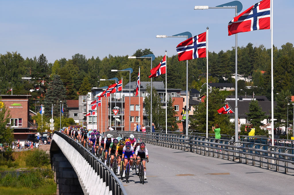 NOREFJELL NORWAY AUGUST 13 Ruby RosemanGannon of Australia and Team BikeExchange Jayco and Tereza Neumanova of Czech Republic and Team Liv Racing Xstra lead the peloton during the 8th Tour of Scandinavia 2022 Battle Of The North Stage 5 a 1274km stage from Vikersund to Norefjell 791m UCIWWT tourofscandinavia TOSC22 on August 13 2022 in Norefjell Norway Photo by Luc ClaessenGetty Images