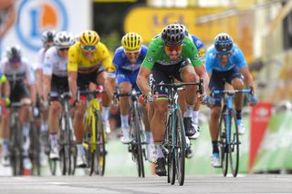 Peter sagan leads the sprinters to the line during stage 5 at the Tour de France