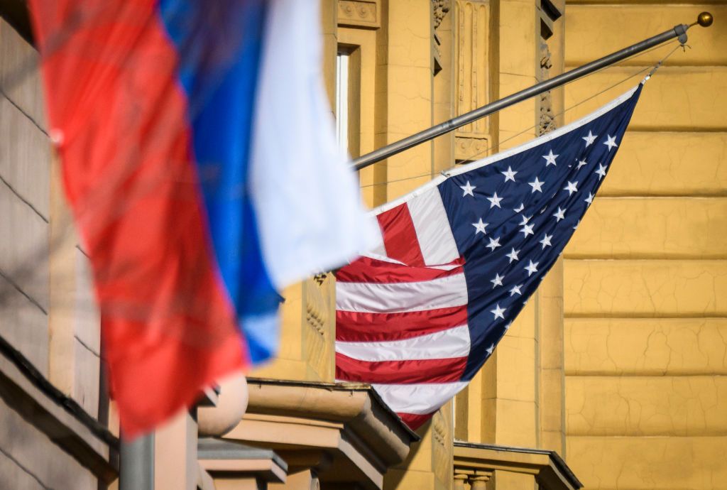 Russia, U.S. flags.