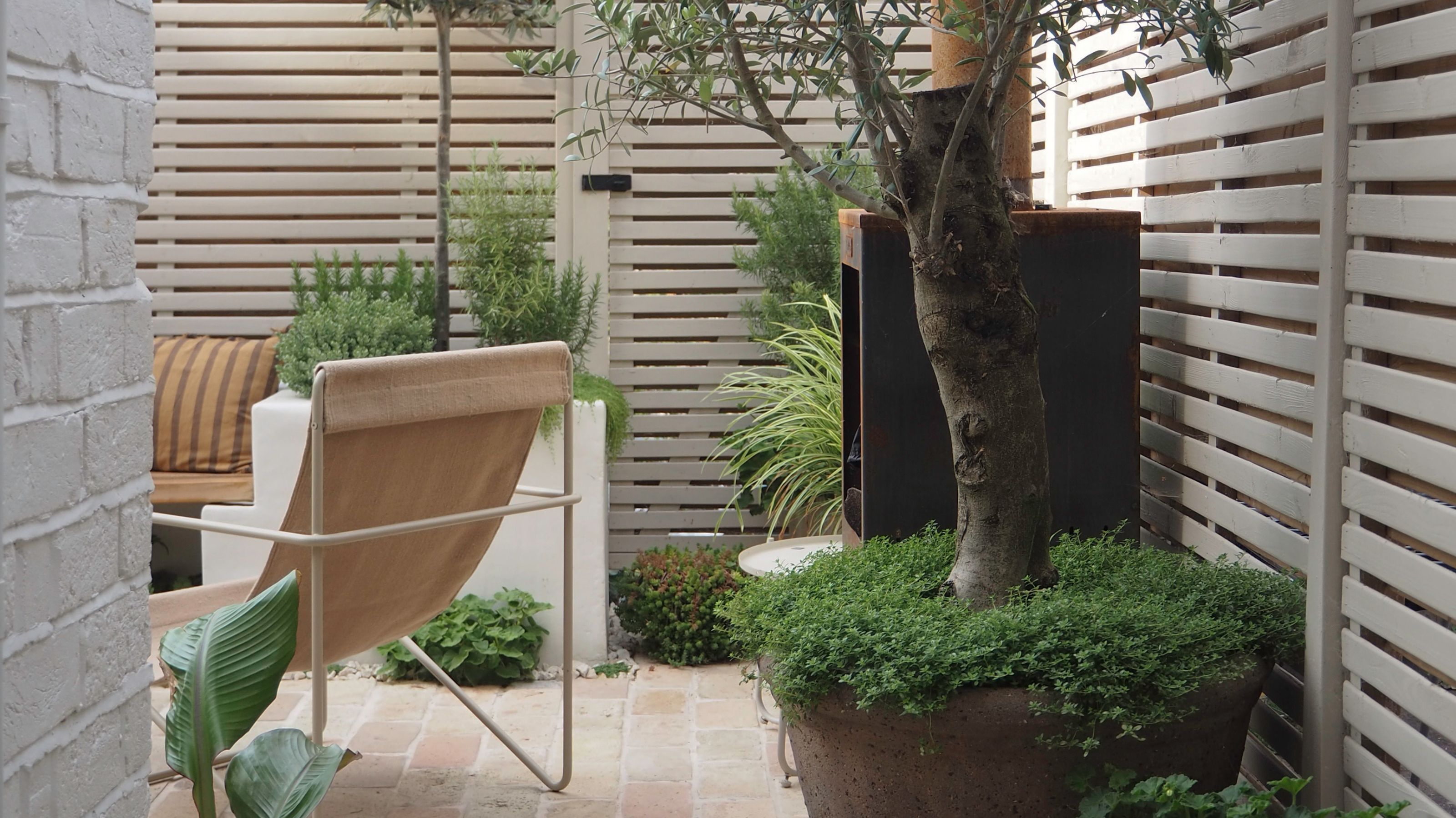 a small mediterranean garden with a brick floor and slatted modern fence