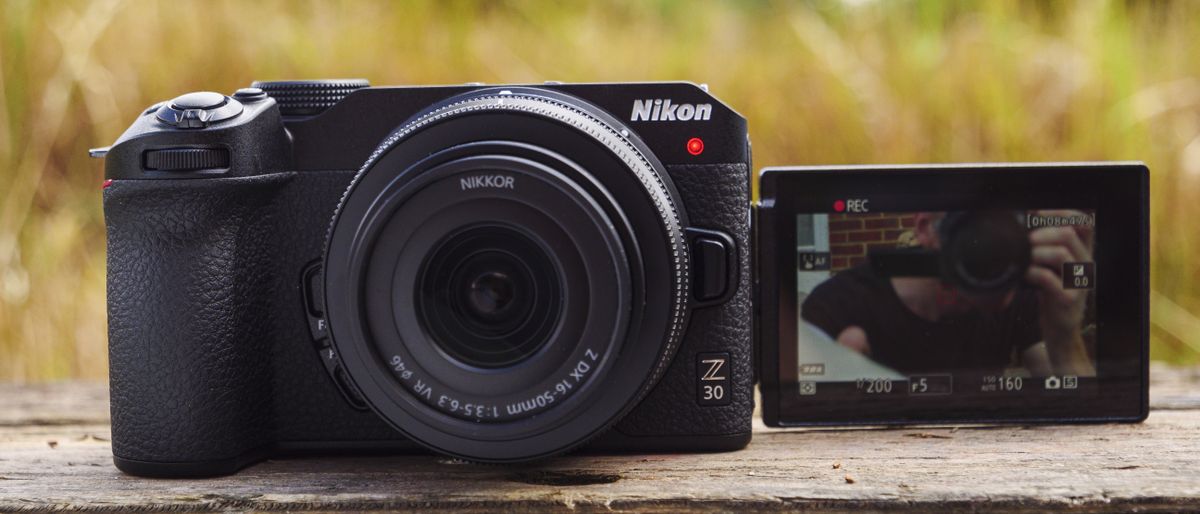 The Nikon Z30 camera on a wooden ledge