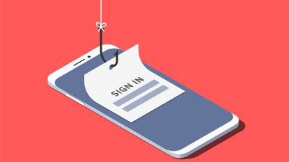 Device code phishing concept image showing cartoon cell phone with a hook attached to a sign-in page. 