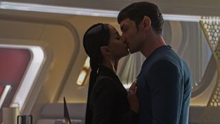 Spock (Ethan Peck) and T'Pring (Gia Sandhu) share a kiss in Star Trek: Strange New Worlds episode 5