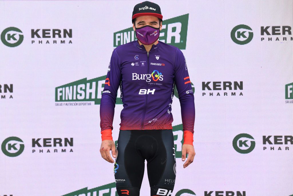 ONDARROA SPAIN APRIL 09 Podium Carlos Canal Blanco of Spain and Team Burgos BH Most Combative Rider Celebration during the 60th ItzuliaVuelta Ciclista Pais Vasco 2021 Stage 5 a 1602km stage from Hondarribia to Ondarroa Injury Crash itzulia ehitzulia on April 09 2021 in Ondarroa Spain Photo by David RamosGetty Images