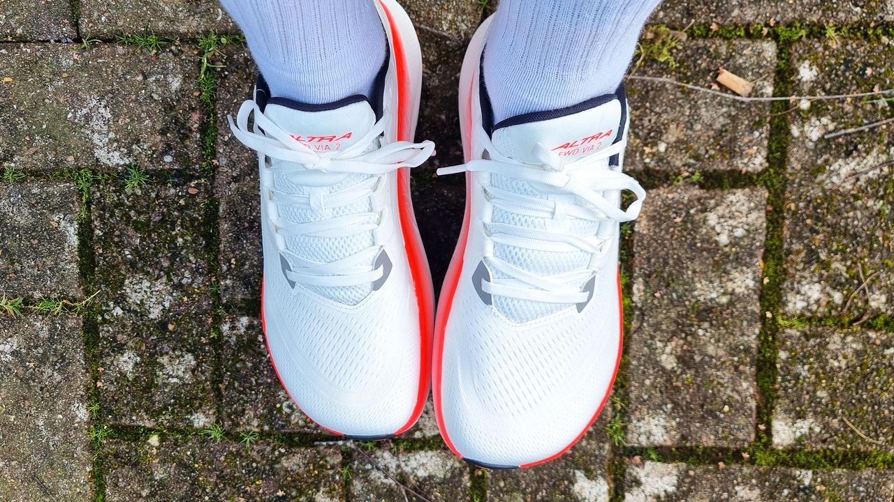 a close-up picture of our reviewer testing the Altra FWD VIA 2 running shoes