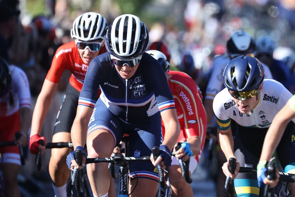 Frances Aude Biannic competes in the womens elite cycling road race 1577km from Antwerp to Leuven on the seventh day of the Flanders 2021 UCI Road World Championships on September 25 2021 Photo by Kenzo Tribouillard AFP Photo by KENZO TRIBOUILLARDAFP via Getty Images