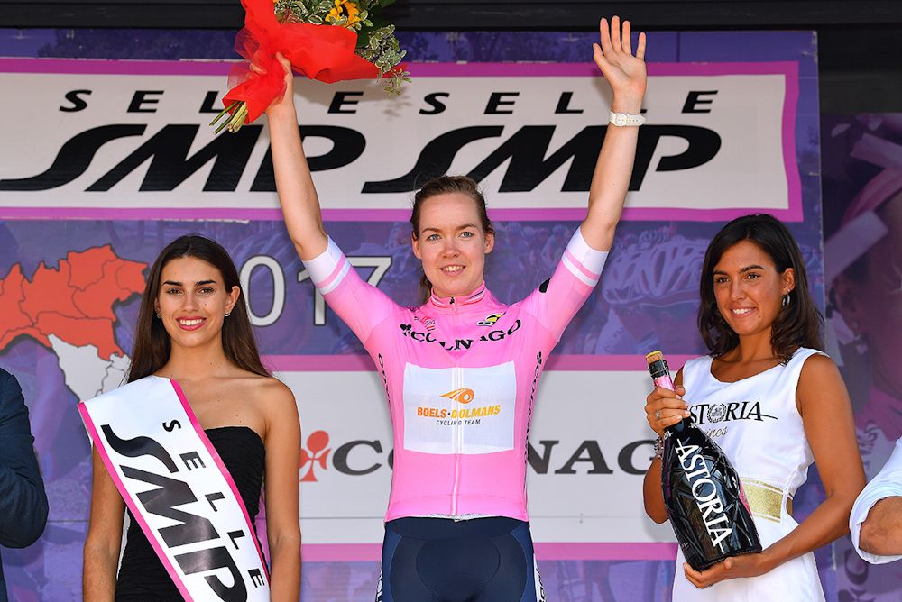 Anna van der Breggen in the pink jersey at the Giro Rosa