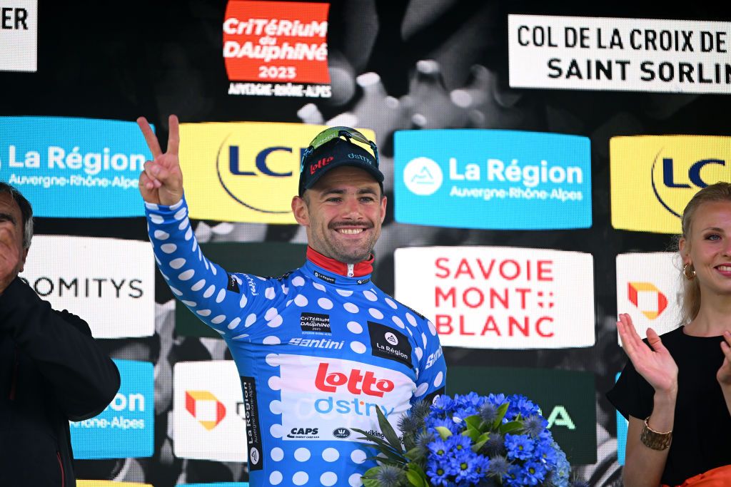 COL DE LA CROIX DE FER FRANCE JUNE 10 Victor Campenaerts of Belgium and Team Lotto Dstny celebrates at podium as Polka Dot Mountain Jersey winner during the 75th Criterium du Dauphine 2023 Stage 7 a 1479km stage from PortedeSavoie to Col de la Croix de Fer 2067m UCIWT on June 10 2023 in Col de la Croix de Fer France Photo by Dario BelingheriGetty Images