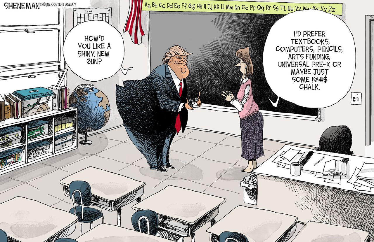 Political cartoon U.S. Trump arming teachers GOP education funding