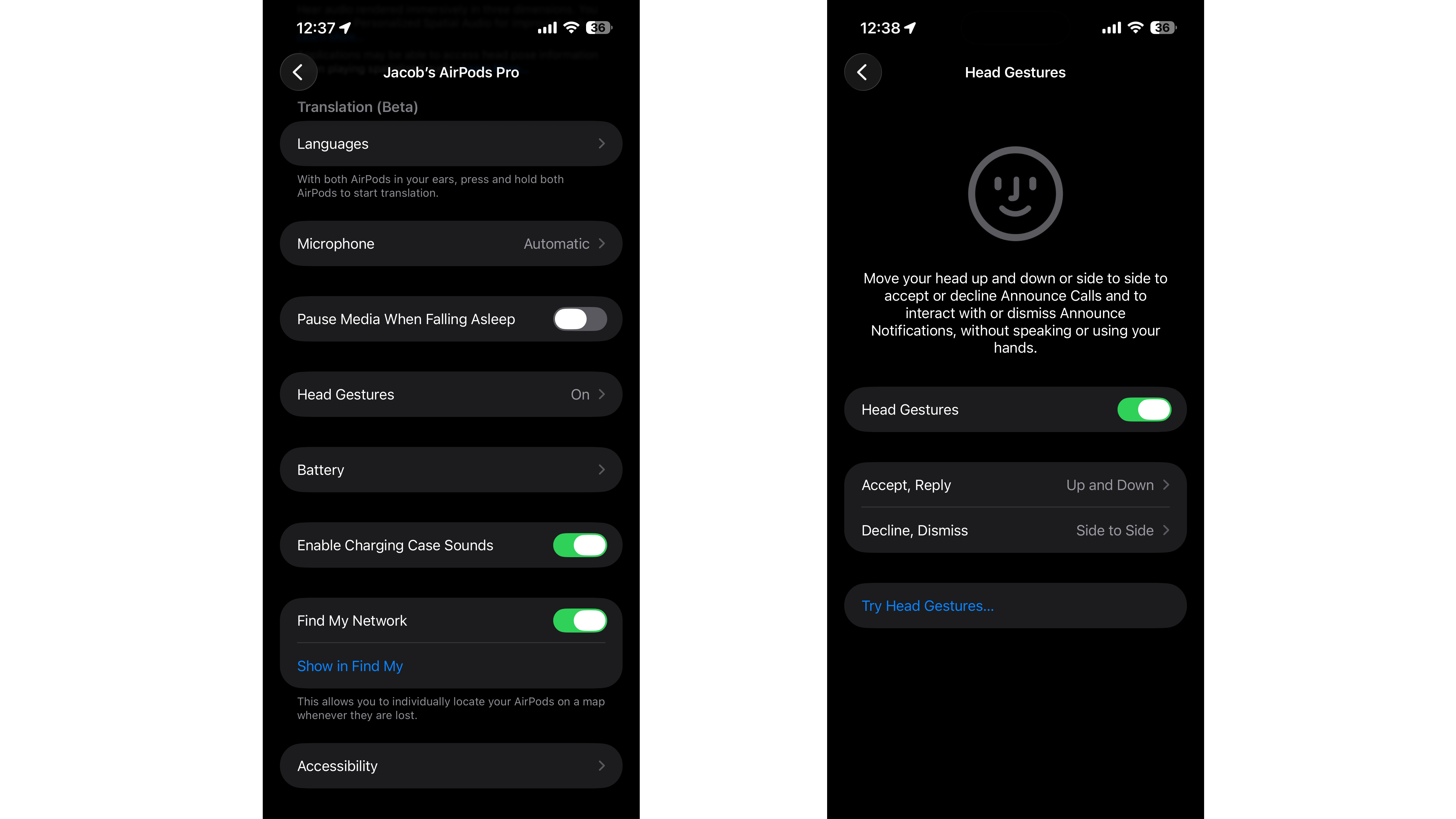 AirPods Pro Settings for Head Gestures