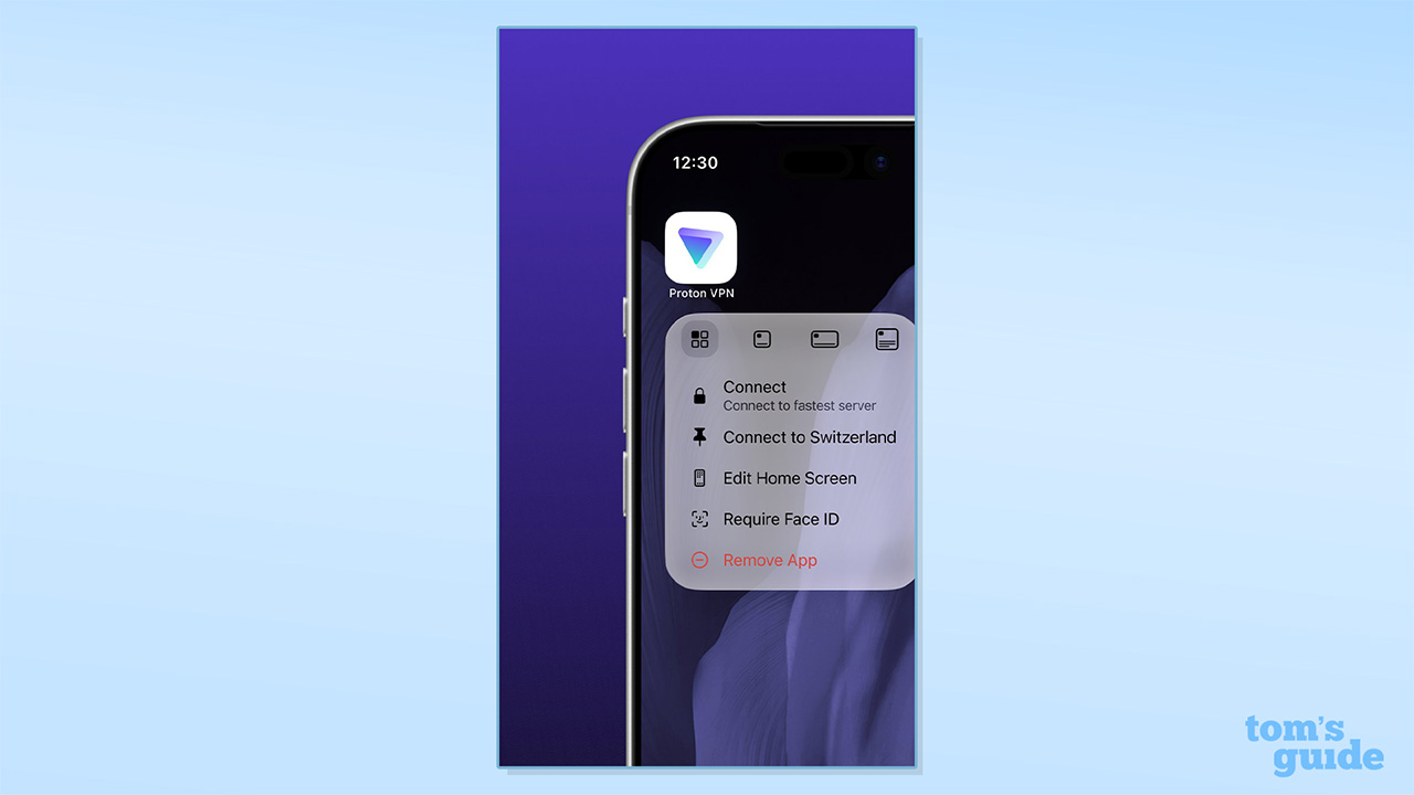 Screenshot of Proton VPN's new iOS widget shortcuts