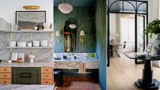 triptych of kitchen, powder room and office with stone and marble finishes