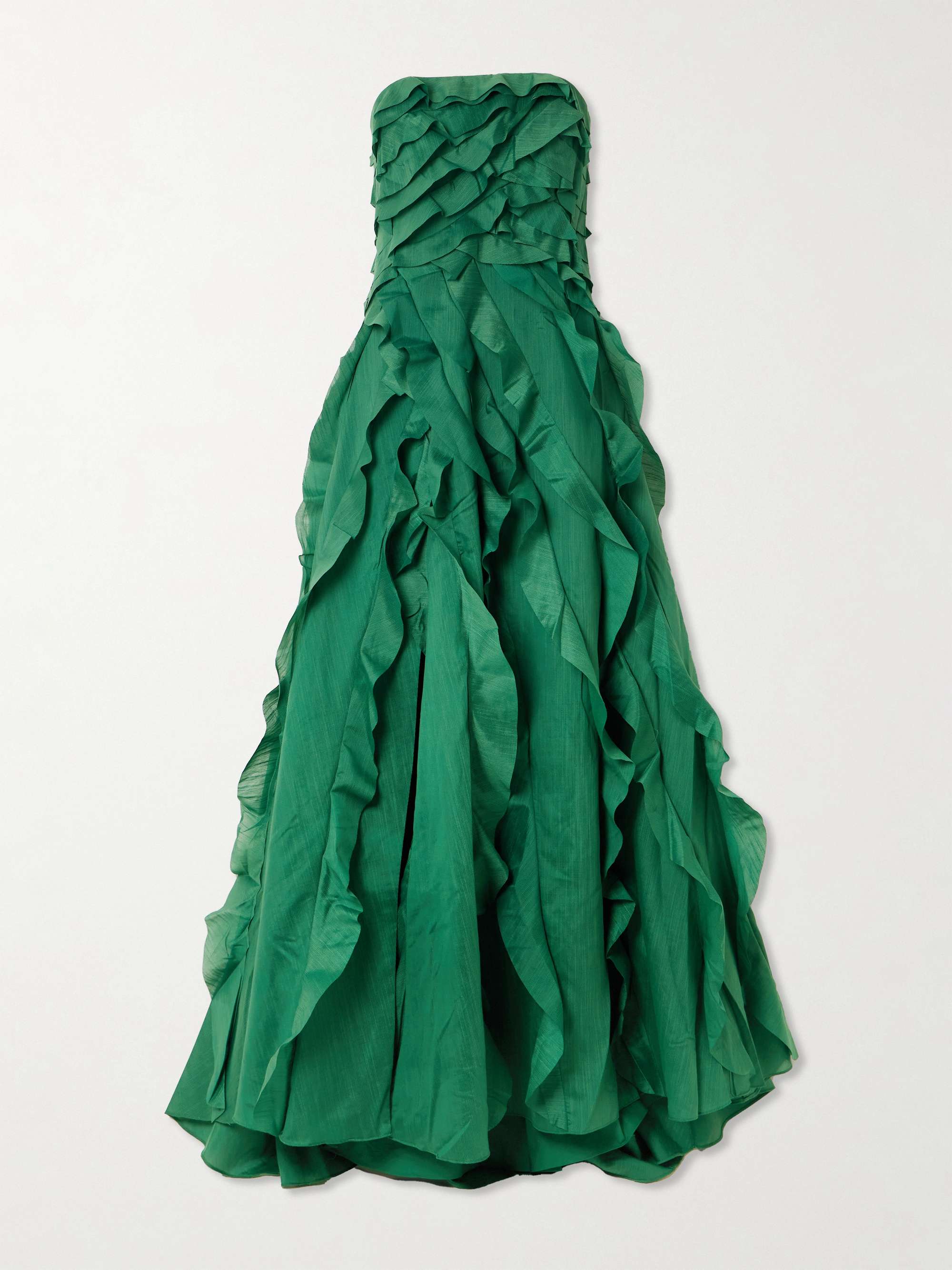 Allairie Strapless Ruffled Shirred Faille Gown