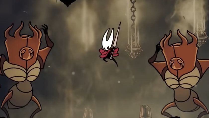 Silksong Hornet jumping between duplicate versions of the Last Judge in Silksong.