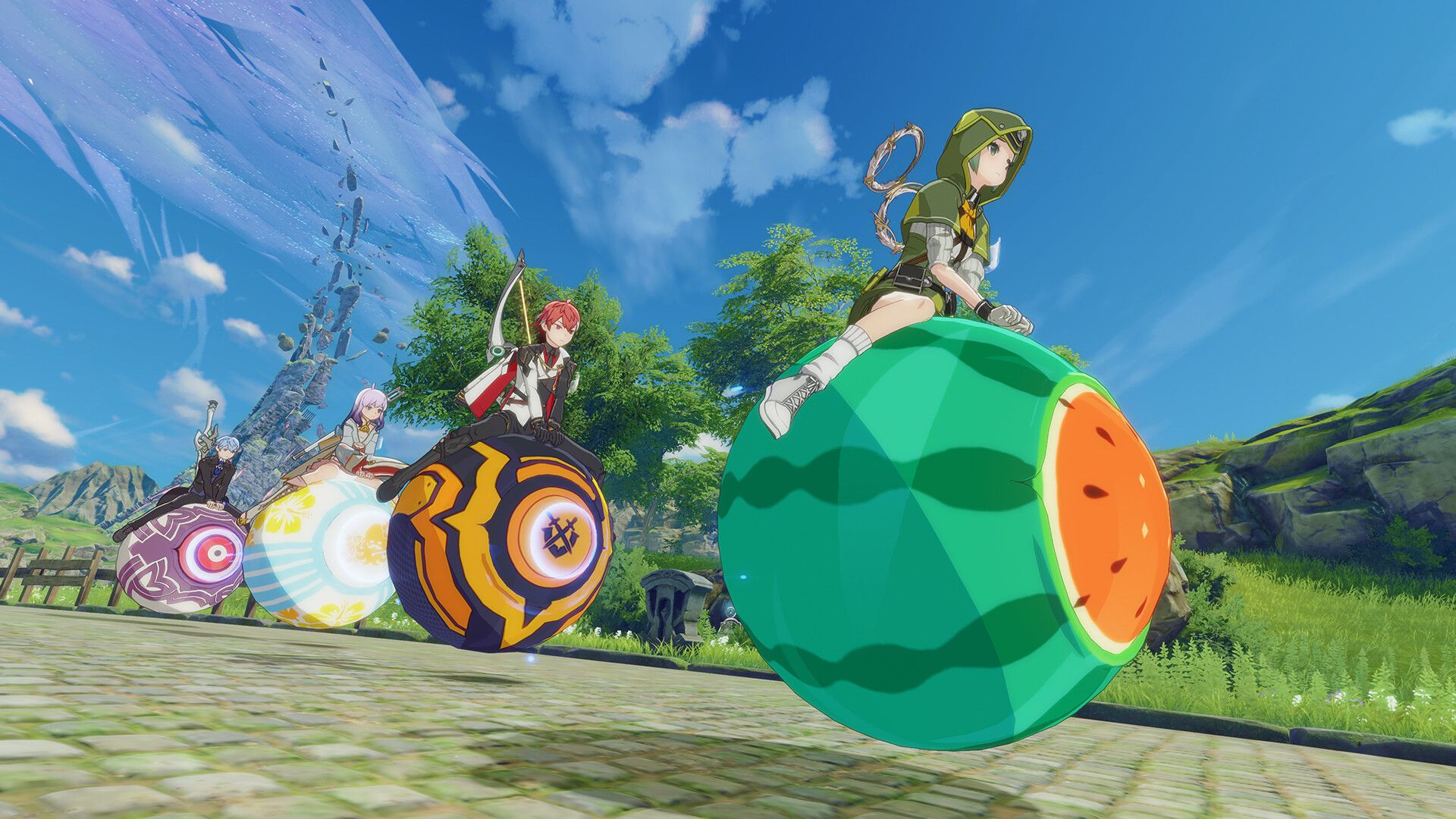 Screenshot from Blue Protocol: Star Resonance, showing some anime characters riding hovering balls with different skins.