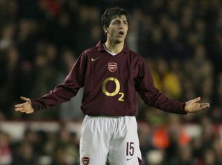 Cesc Fabregas of Arsenal pleads his innocence during the UEFA Champions League Round of 16, Second Leg match between Arsenal and Real Madrid at Highbury Stadium on March 8, 2006 in London, England.
