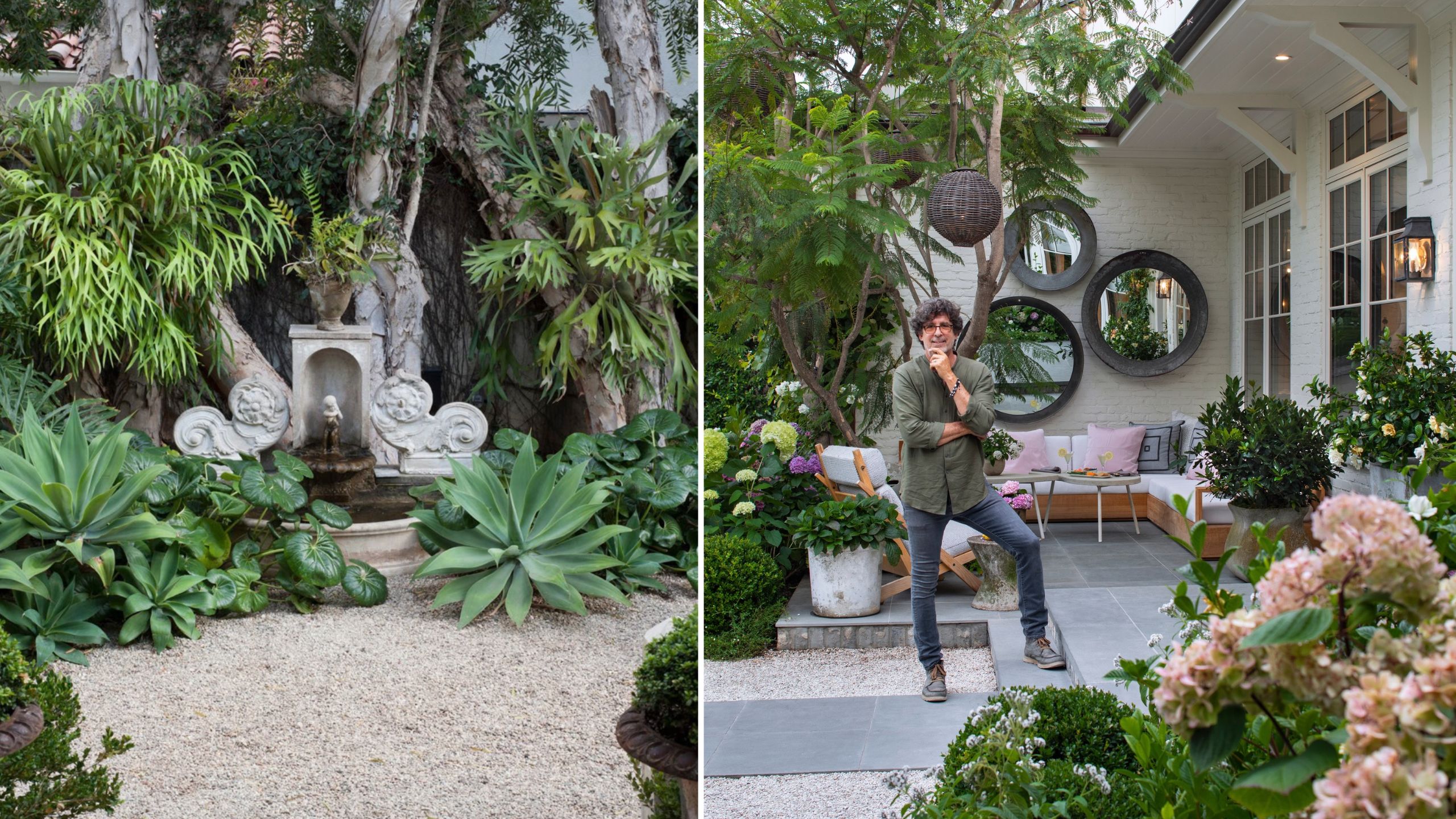 Left: Fountain in Stephen Block's garden. Right: Stephen standing on his patio