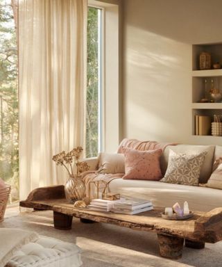 Pink and gray throw pillows on a cream couch against a cream wall; a wooden coffee table with a vase and coffee table books.