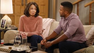 Valarie Pettiford as Amy Lewis and Sean Dominic as Dr. Nate Hastings talking in The Young and the Restless