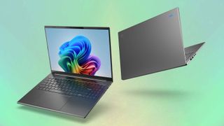 Acer Aspire AI A16 laptops floating on tropical green background