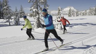 A group of men cross country skiing