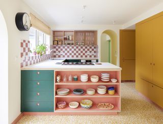 A kitchen designed with varied bright colors