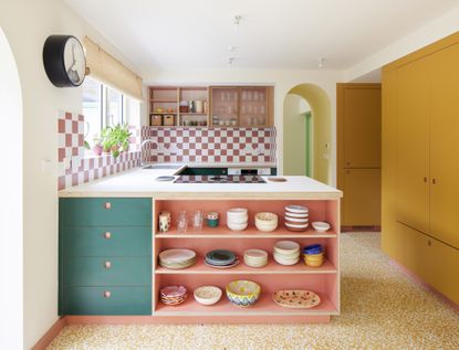 A kitchen designed with varied bright colors