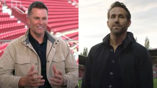 From left to right: Tom Brady in a behind the scenes video from Paramount for 80 For Brady and Ryan Reynolds looking into the distance in the FX trailer for Welcome to Wrexham.
