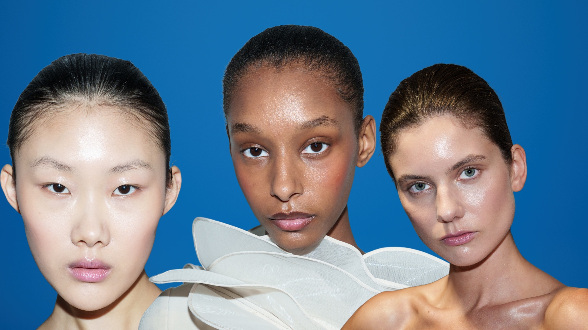 collage of woman with hydrated skin on a blue background