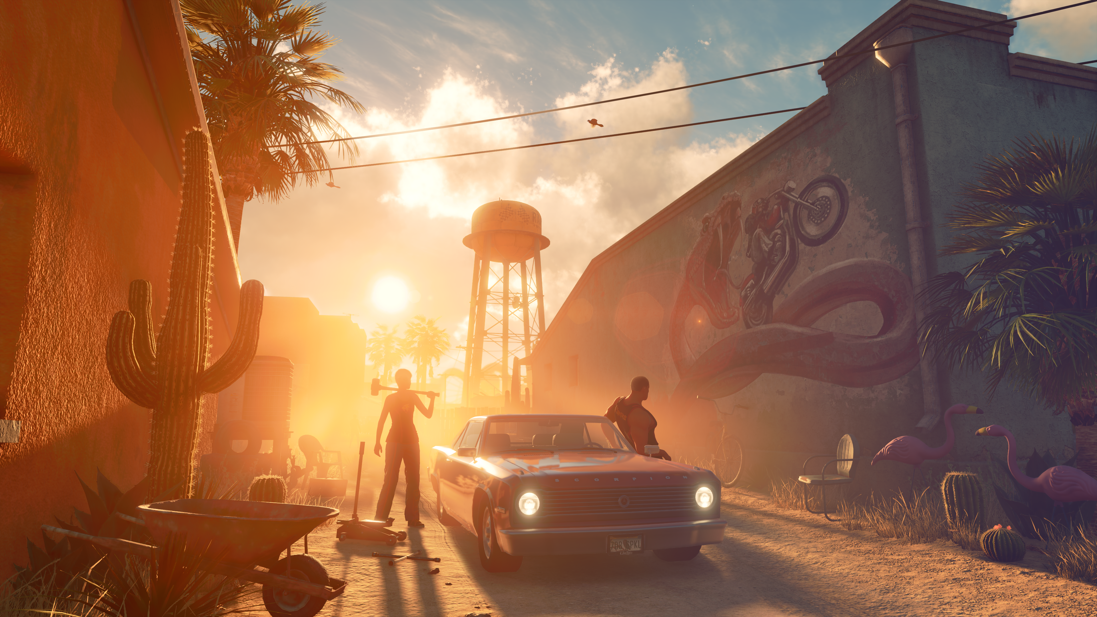 Saints Row reboot showing two figures standing beside a car in an alley, shadowed by the sun behind them