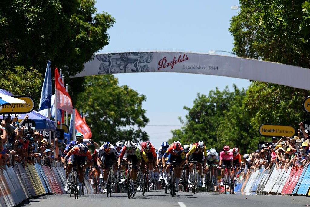 TANUNDA AUSTRALIA JANUARY 22 A general view of Sam Welsford of Australia and Team Red Bull BORA hansgrohe Orange Santos Leaders Jersey Arne Marit of Belgium and Team Intermarche Wanty Bryan Coquard of France and Team Cofidis Tim Torn Teutenberg of Germany and Team Lidl Trek Tobias Lund Andresen of Denmark and Team Picnic PostNL and the peloton sprint at finish line during the 25th Santos Tour Down Under 2025 Stage 2 a 1288km stage from Tanunda to Tanunda 342m UCIWT on January 22 2025 in Tanunda Australia Photo by Dario BelingheriGetty Images