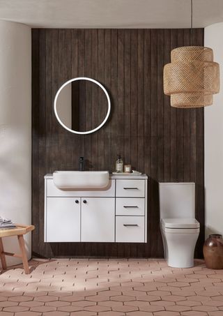 bathroom mirror LED lighting with pink wooden panelling