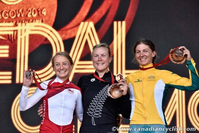 Linda Villumsen, Emma Pooley and Katrin Garfoot make up the podium in the women's time trial