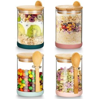 Mfacoy Set of 4 Airtight Glass Jars With Bamboo Lids & Spoons, 17 Oz 