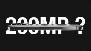 A sleek smartphone displayed side view against a black background, with bold text questioning "200MP?" in white