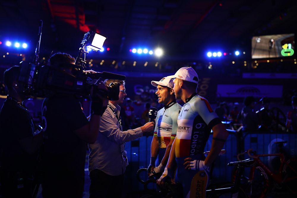 Kenny De Ketele and team mate Moreno De Pauw of Belgium are interviewed on day one of the London Six Day