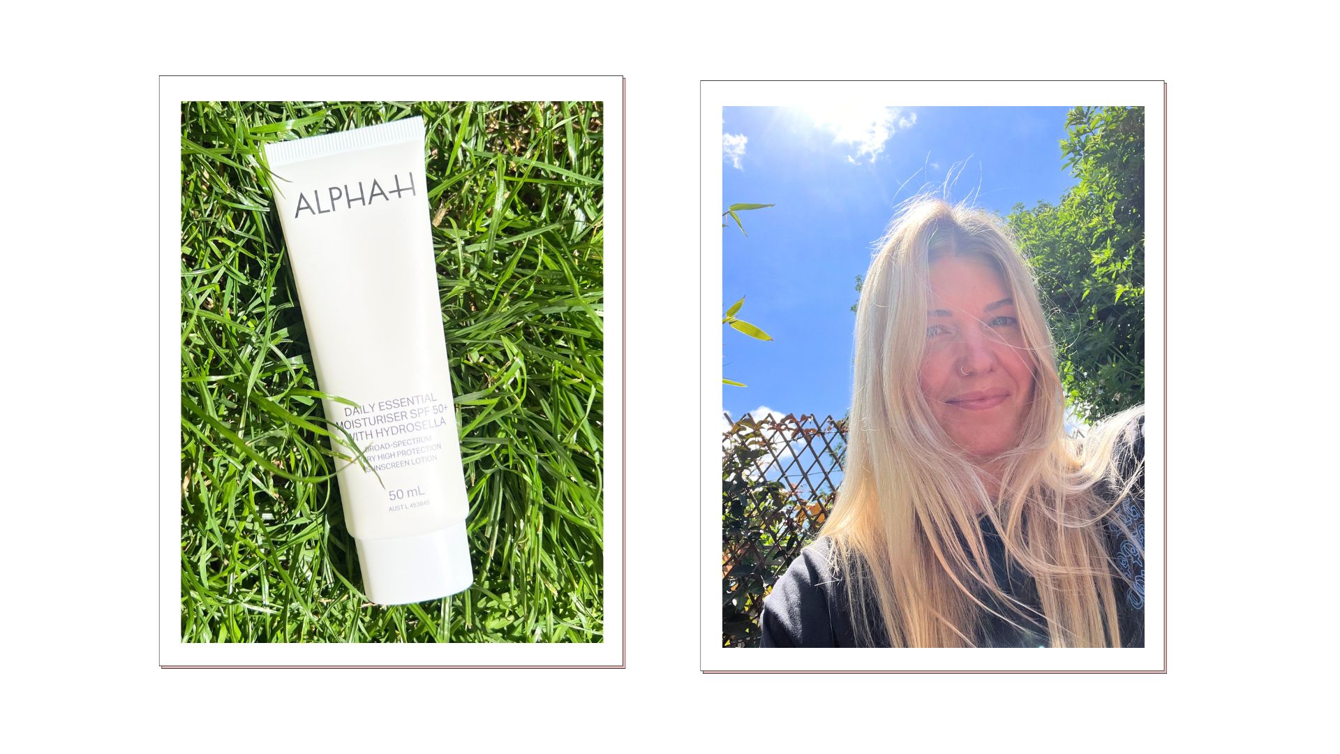 An image of alpha h daily essential moisturiser laying on some grass, and an image of beauty editor fiona mckim wearing the spf with the sun on her face