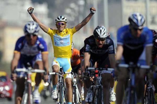 Alberto Contador (Astana) crosses the line