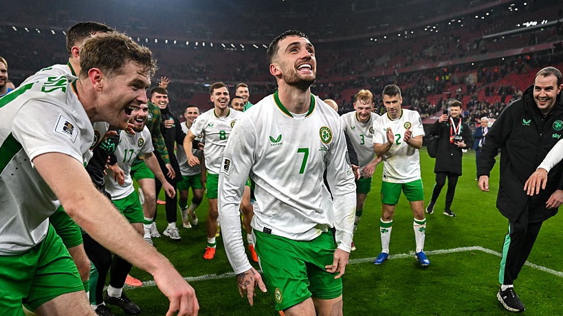 Troy Parrott of Republic of Ireland celebrates with teammates after the FIFA World Cup 2026 Group F Qualifier match between Hungary and Republic of Ireland at Pusk&aacute;s Ar&eacute;na in Budapest, Hungary. 