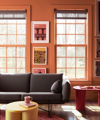 warm vs cool colors, living room with orange walls and woodwork, dark brown couch, red side table, yellow coffee table, red rug, bold print artwork