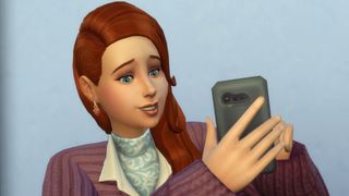 The Sims 4 - A sim smiles while looking at her phone