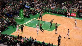 Jimmy Butler #22 of the Miami Heat attempts a three point basket against the Boston Celtics during the second half in Game Six of the 2022 NBA Playoffs Eastern Conference Finals at TD Garden on May 27, 2022 in Boston, Massachusetts.