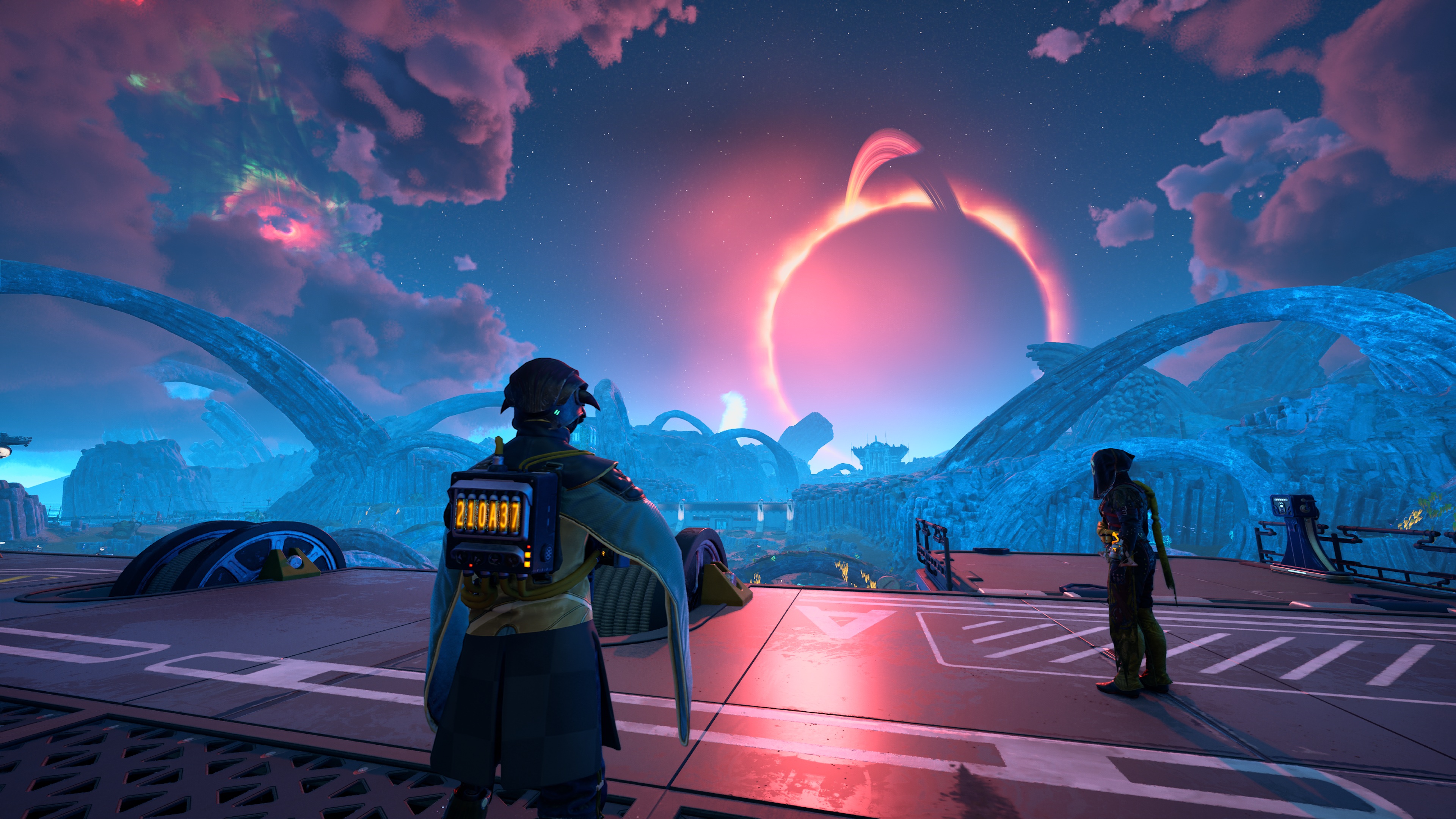 A planet with an eclipse in The Outer Worlds 2, with the player character facing the other way