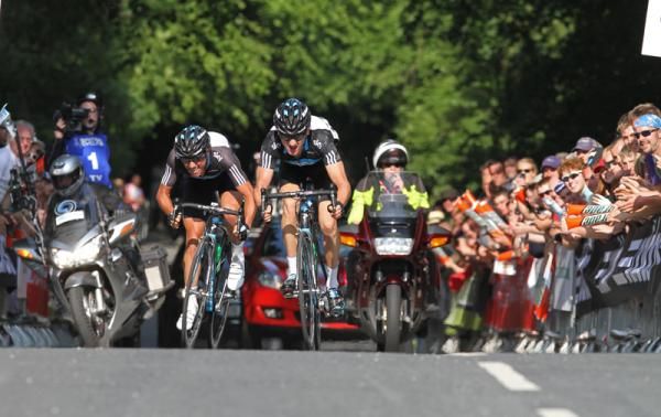 The two Sky riders sprint for the line
